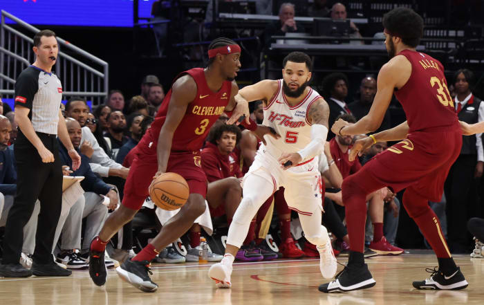 Mar 16, 2024; Houston, Texas, USA; Cleveland Cavaliers guard Caris LeVert (3) dribbles against Houston Rockets guard Fred VanVleet (5) in the second quarter at Toyota Center.
